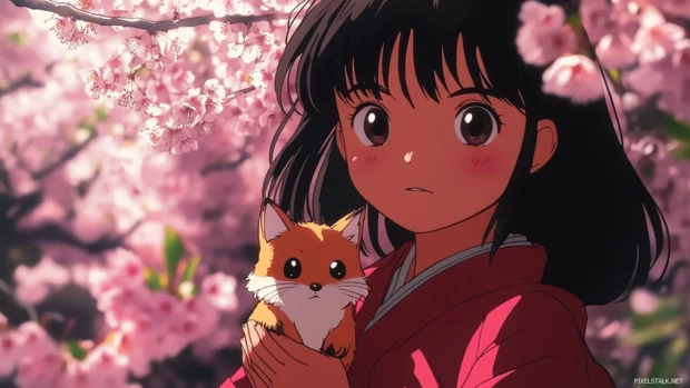 A cute anime girl holding a tiny fox spirit under blooming cherry blossoms in Japan.