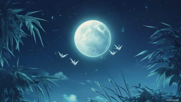 A cute anime scene of two friends flying paper cranes under a glowing full moon in Japan.
