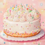 A cute birthday cake adorned with pastel colored frosting and sprinkles, set against a soft pink background.