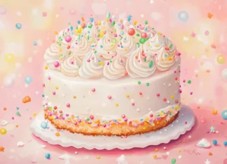 A cute birthday cake adorned with pastel colored frosting and sprinkles, set against a soft pink background.