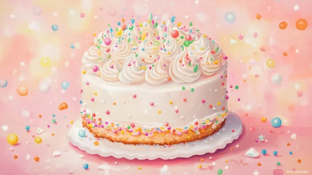 A cute birthday cake adorned with pastel colored frosting and sprinkles, set against a soft pink background.