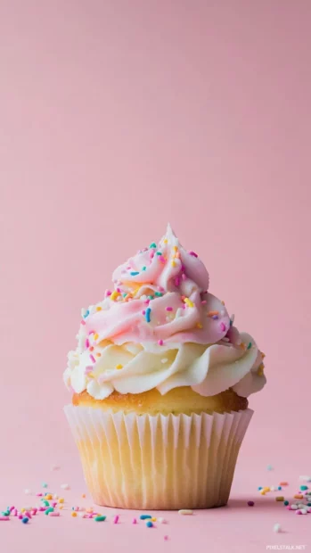 A cute birthday cake with pastel colored frosting and sprinkles, set against a soft pink background.