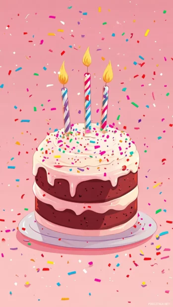 A cute birthday iPhone wallpaper design with a cartoon style birthday cake and colorful confetti.