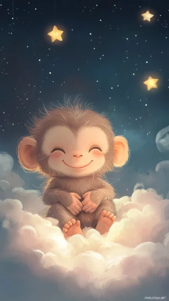 A cute iPhone background featuring a baby monkey smiling sweetly surrounded by soft stars and clouds.