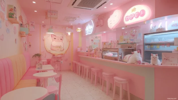 A cute japan anime cat cafe filled with pastel decor where tiny kittens nap in cozy corners.