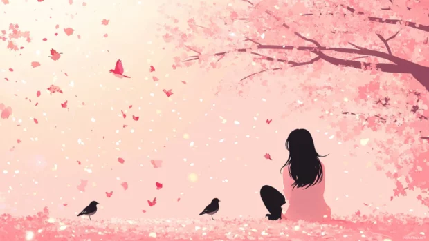 A cute japan anime girl sits under pastel cherry blossoms while tiny birds perch softly nearby.