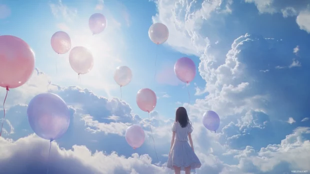 A cute japan anime scene where a girl releases pastel colored balloons into a dreamy sky.