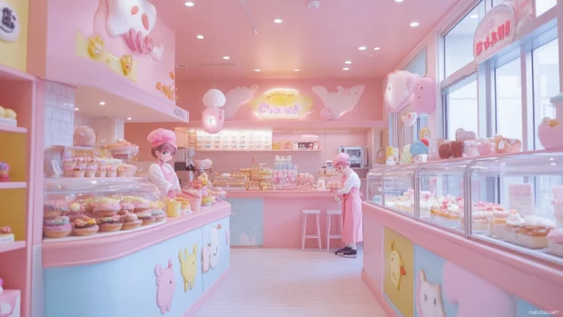 A cute japan bakery decorated in pastel colors where anime chefs prepare sweets shaped like animals.