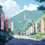 A cute japan mountain trail lined with pastel banners where anime characters walk together.