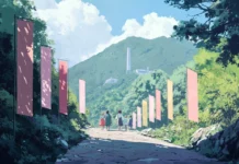 A cute japan mountain trail lined with pastel banners where anime characters walk together.