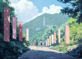 A cute japan mountain trail lined with pastel banners where anime characters walk together.