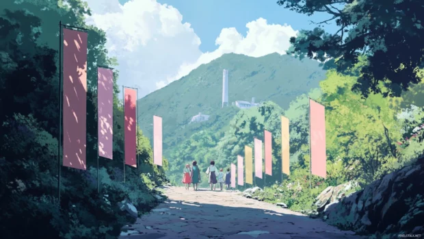 A cute japan mountain trail lined with pastel banners where anime characters walk together.