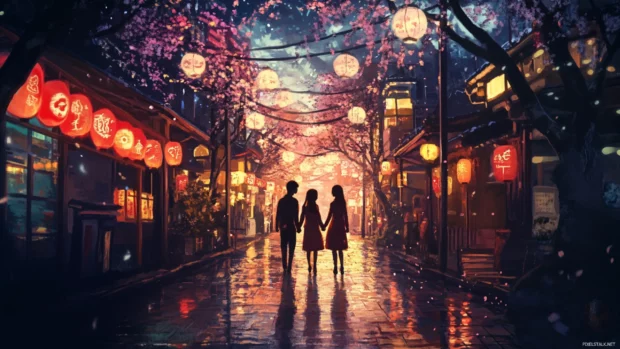 A cute japan pastel decorated street glows gently as anime couples stroll holding hands.