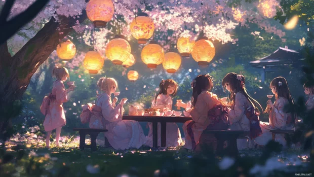 A cute japan pastel garden party where anime friends sip tea and laugh under swaying lanterns.