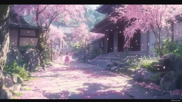 A cute japan pastel garden where anime girls play softly among falling cherry petals.