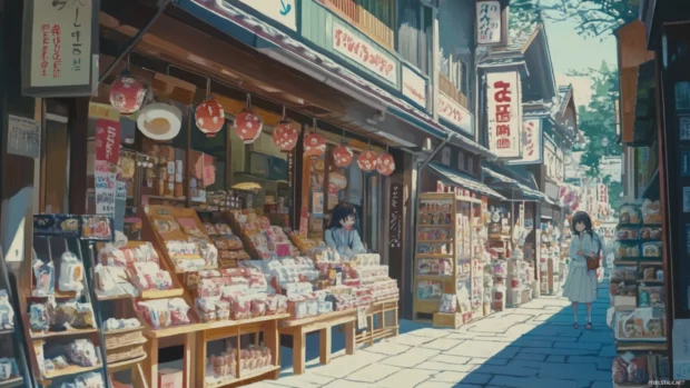 A cute japan pastel marketplace where anime characters admire delicate handmade crafts.