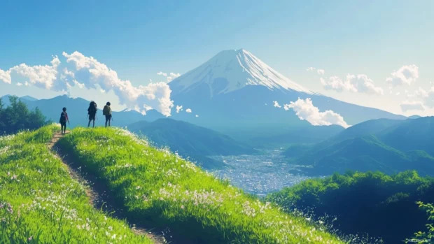 A cute japan pastel mountaintop where anime hikers admire the view with gentle wonder.