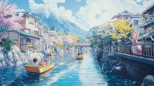 A cute japan river scene with pastel boats drifting lazily pastel.