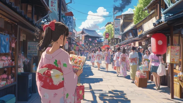 A cute japan street scene with anime girls in pastel yukata carrying small festival prizes.