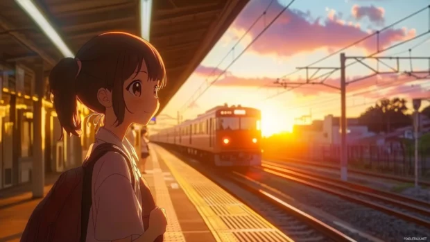 A cute japan train station bathed in pastel sunset light where anime characters wait with soft smiles.
