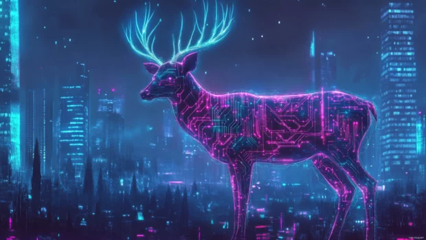 A cyberpunk deer wallpaper with glowing circuitry patterns across its body and neon city backdrop.