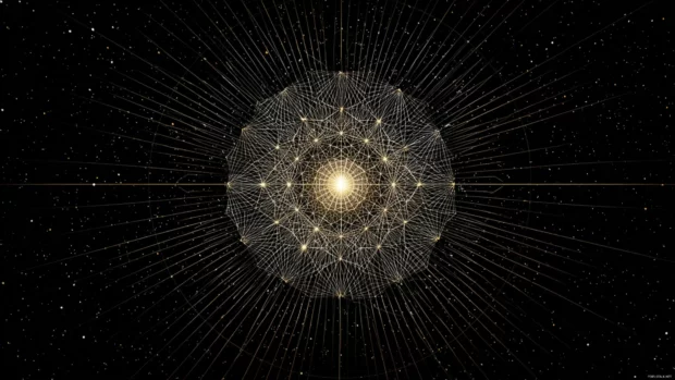 A deep black background hosting a glowing gold geometric composition in fine lines.