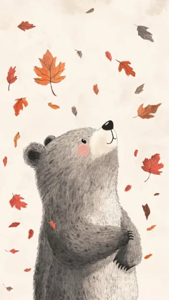 A delicate bear illustration surrounded by falling autumn leaves and gentle breezes.