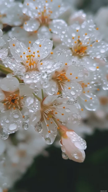 A delicate close up of Japan cherry blossoms with tiny raindrops glistening on the petals.