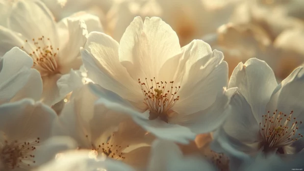 A delicate close up of Japanese cherry blossom flowers with soft sunlight filtering through the petals.