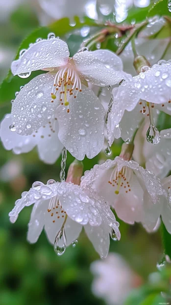 A delicate view of Japanese cherry blossom flowers dotted with raindrops after a gentle spring shower.