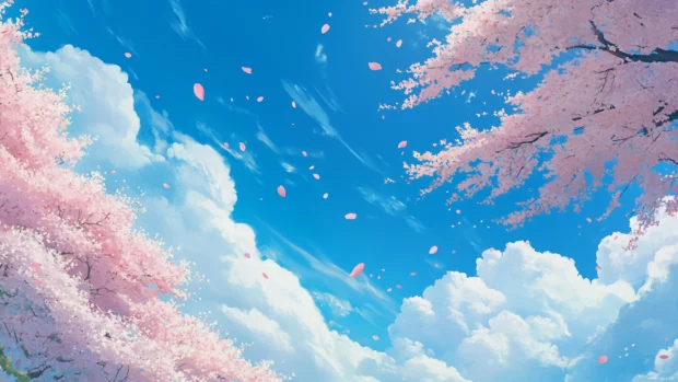 A delicate view of Japans sakura petals drifting in the breeze under a bright blue spring sky.