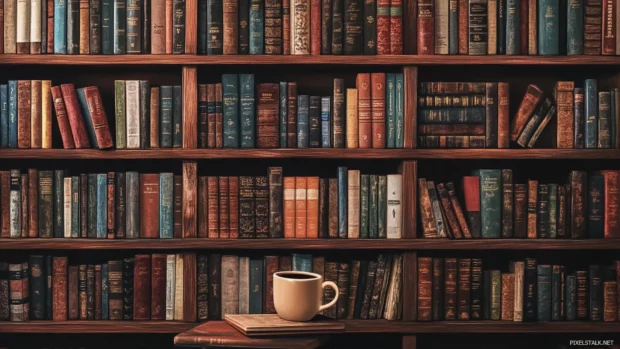 A delightful bookshelf wallpaper with a coffee mug resting on a shelf, suggesting a cozy reading session.