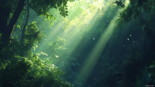 A dense rainforest scene with sunlight streaming through thick green canopy.