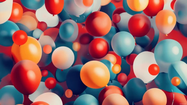A desktop wallpaper design featuring clustered birthday balloons and a festive layout.