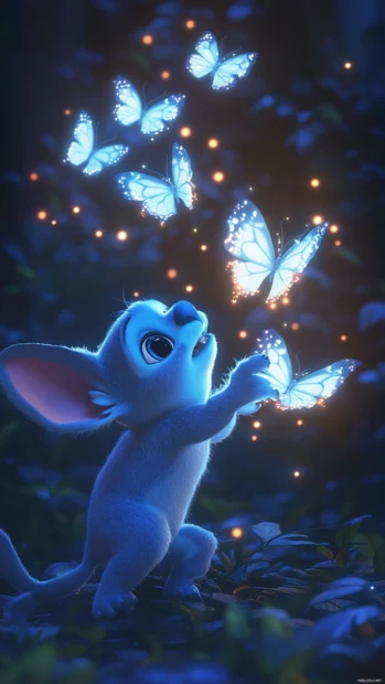 A detailed 3D Stitch reaching out to touch glowing butterflies.