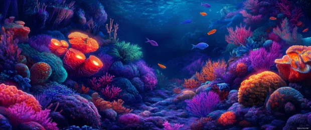 A detailed underwater coral reef scene rendered in 3440x1440 ultra wide showing colorful fish and glowing plants.