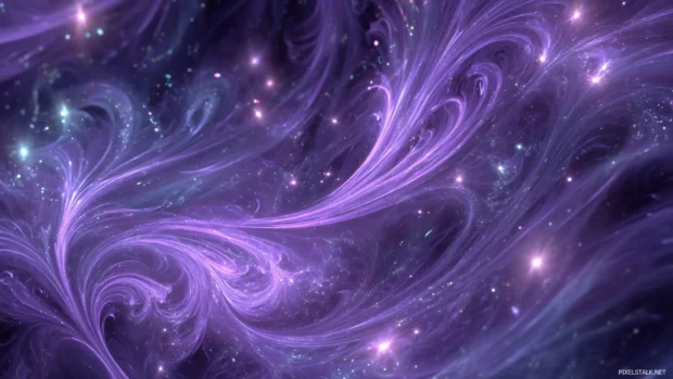 A digital art wallpaper with abstract lavender swirls and glowing light effects.
