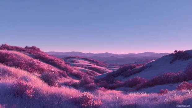A digital landscape inspired by lavender color with soft hills and diffused sunrise light.