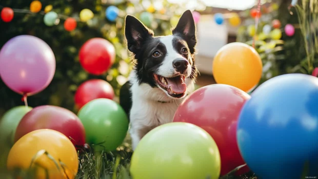 A dog playing among birthday balloons in a garden party.