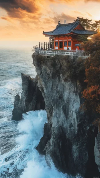 A dramatic Japan cliffside where waves crash below ancient shrines perched high on the rocks.
