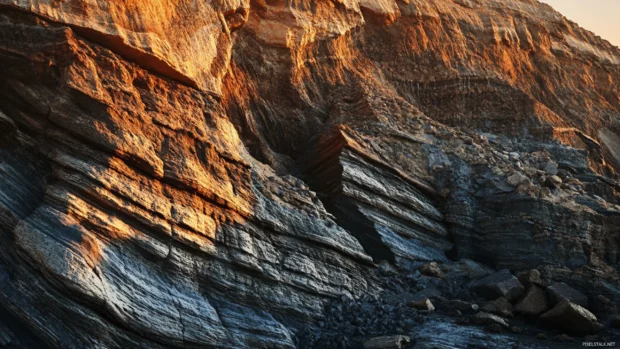 A dramatic canyon landscape with layered rock formations glowing at sunset.