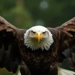 A dramatic close up of an eagle with its wings spread wide.