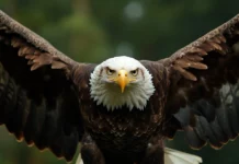 A dramatic close up of an eagle with its wings spread wide.