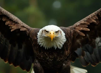 A dramatic close up of an eagle with its wings spread wide.