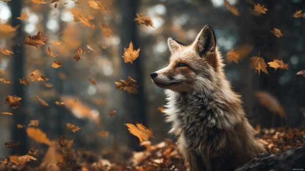 A dramatic scene of a cool fox in autumn woods with golden leaves drifting around, perfect cool fox autumn wallpaper.