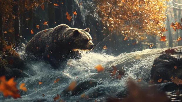 A dramatic scene showing a bear fishing in a rushing river surrounded by autumn leaves.
