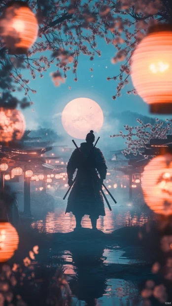 A dramatic silhouette of a Japanese samurai framed by glowing lanterns at night.