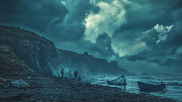 A dramatic sky over a rugged coastline with fishermen working on their nets.
