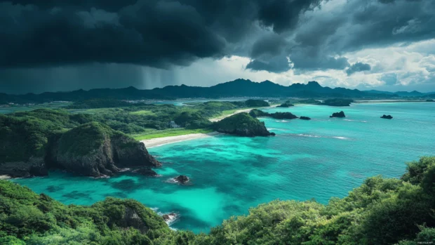 A dramatic storm approaching Japans coastline with dark clouds rolling over turquoise seas.