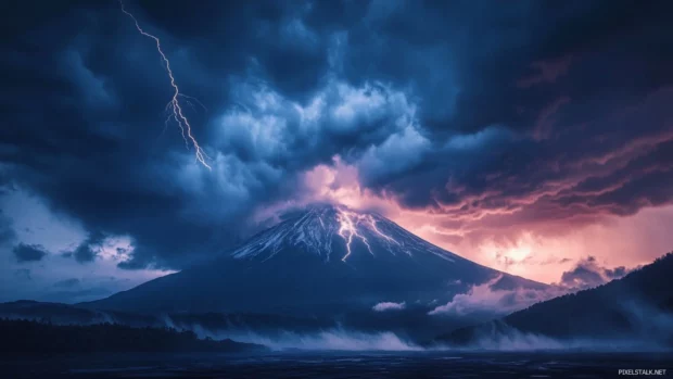 A dramatic stormy sky over Mount Fuji with lightning crackling in the distance and dark clouds swirling.